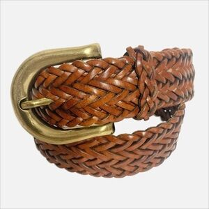 Land’s End Wide Leather Braided Belt Brass Belt Buckle Braided Belt Keeper SZ 30